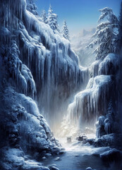 Fototapeta na wymiar winter mountain landscape with frozen waterfall, digital painting, illustration 