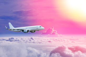 plane in the sky, Passenger commercial plane flying above the clouds ,concept of fast travel, vacation and business.