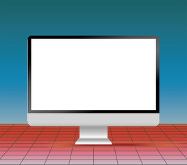 lcd monitor with blank screen standing against the retro cyberpunk background with perspective grid