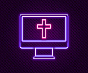 Glowing neon line Christian cross on monitor icon isolated on black background. Church cross. Colorful outline concept. Vector