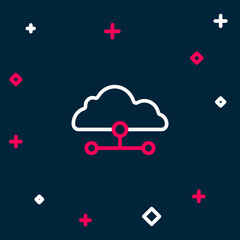 Obraz premium Line Network cloud connection icon isolated on blue background. Social technology. Cloud computing concept. Colorful outline concept. Vector