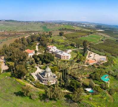 Sea of Galilee, Israel - 1 March 2022: Aerial view of the Mount of Beatitudes.