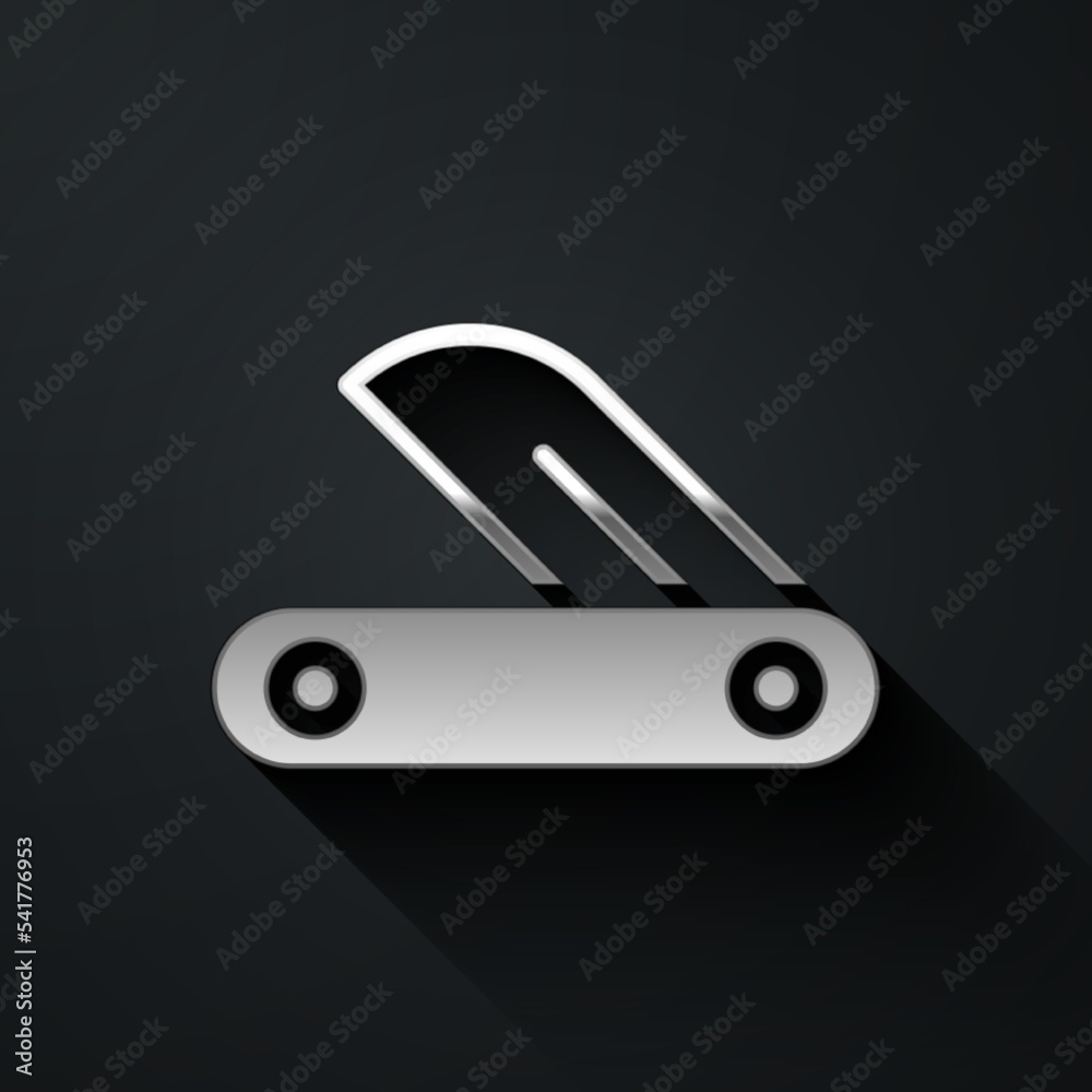 Sticker silver swiss army knife icon isolated on black background. multi-tool, multipurpose penknife. multif