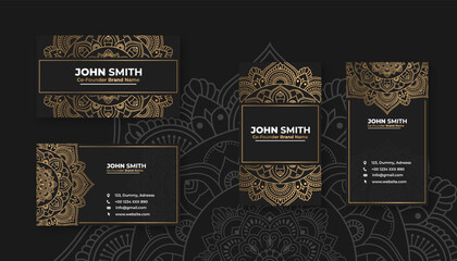 Luxury black business card with golden mandala decoration designs, Bright floral ornamental elements