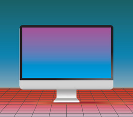 Empty pc display screen against the 1980's retrowave perspective grid, vector mock-up