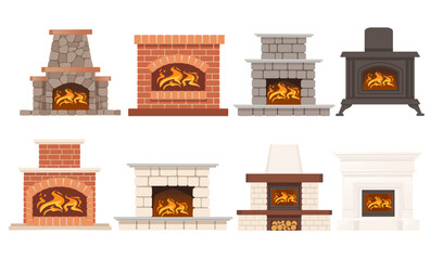 Set of modern stone fireplace with hot flame vector illustration isolated on white background