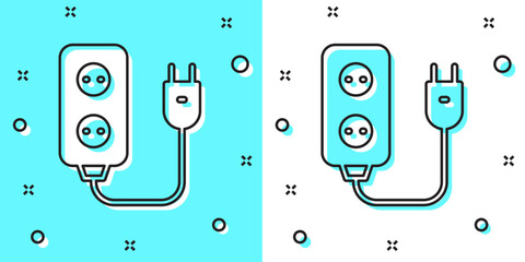 Black line Electric extension cord icon isolated on green and white background. Power plug socket. Random dynamic shapes. Vector