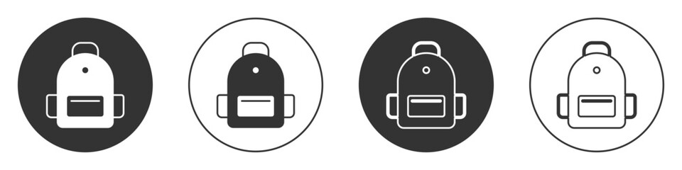 Black School backpack icon isolated on white background. Circle button. Vector