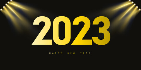 Happy New Year 2023 Text Greeting with Golden Spotlights
