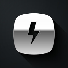 Silver Lightning bolt icon isolated on black background. Flash sign. Charge flash icon. Thunder bolt. Lighting strike. Long shadow style. Vector