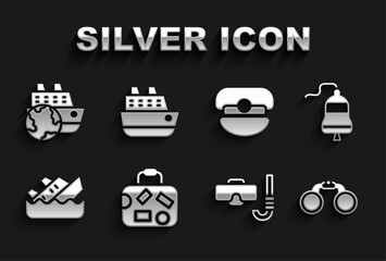 Set Suitcase, Ship bell, Binoculars, Diving mask and snorkel, Sinking cruise ship, Captain hat, Cruise and icon. Vector