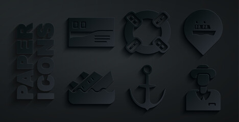 Set Anchor, Location with cruise ship, Sinking, Tourist, Lifebuoy and Postcard travel icon. Vector