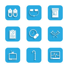 Set Medicine pill or tablet, Walking stick cane, Monitor with cardiogram, Crutch crutches, Retro tv, Medical prescription, bottle and pills and Slippers icon. Vector