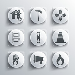 Set Megaphone, Fire flame, Traffic cone, Climber rope, No fire, escape, in burning house and Firefighter icon. Vector