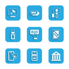 Set Bid, Online auction, Museum building, Auction painting sold, ancient vase, Hand holding paddle and hammer icon. Vector