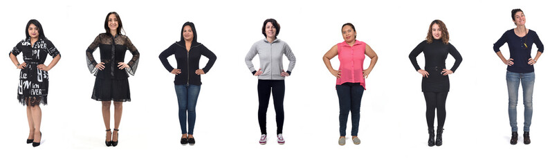 group of woman with arms akimbo on white background