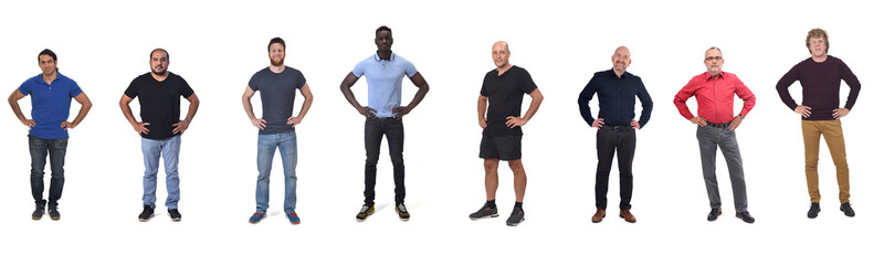 line of a group of men with arms akimbo on white background