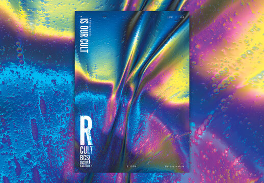 3D Poster Layout with Iridescent Chrome Wavy Surface