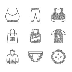 Set Undershirt, Men underpants, Sewing button for clothes, Shirt, Hoodie, Handbag, Female crop top and icon. Vector