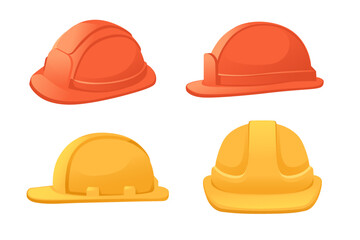 Set of red and orange color safety builder helmet vector illustration isolated on white background