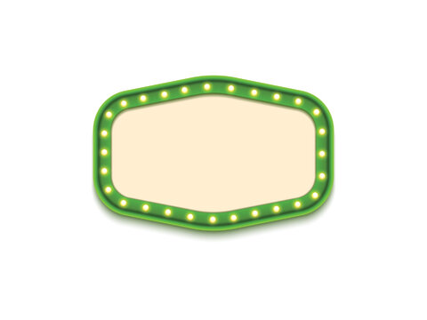 Antique shape marquee vintage 3d lightbox with glowing bulb. Green color retro frame design vector illustration.