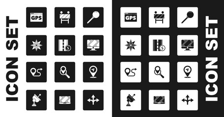 Set Push pin, Toll road traffic sign, Wind rose, Gps device with map, Monitor location marker, Road barrier, Location and Route icon. Vector