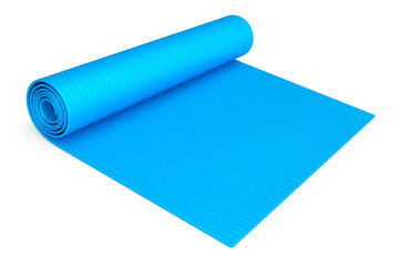 Blue yoga mat or lightweight foam camping bed roll pad isolated on white.
