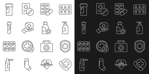 Set line Emergency phone call to hospital, Medical shield with cross, Hand sanitizer bottle, Pills in blister pack, Heart, Test tube blood, Medicine and Bottle of medicine syrup icon. Vector