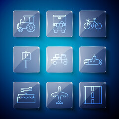 Set line Boat with oars, Plane, Road, Bicycle, Delivery truck, Parking, Tractor and Submarine icon. Vector