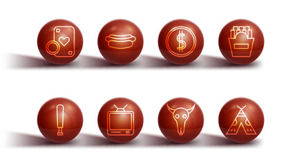 Set line Casino chip and playing cards, Baseball bat, Potatoes french fries box, Buffalo skull, Retro tv, Hotdog sandwich, Indian teepee or wigwam and Coin money with dollar icon. Vector © Kostiantyn