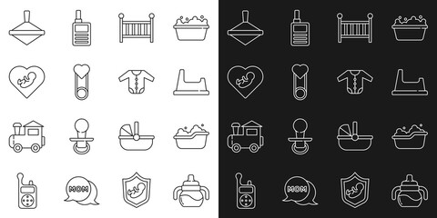 Set line Baby bottle, bathtub, potty, crib cradle, clothes pin, inside heart, Whirligig toy and icon. Vector
