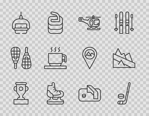 Set line Award cup, Ice hockey stick and puck, Rescue helicopter, Skates, Ski lift, Hot chocolate, goal and Mountain descent icon. Vector