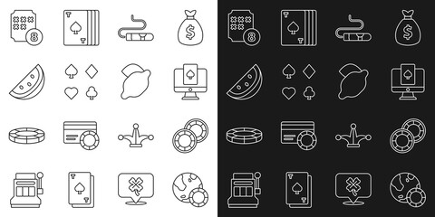 Set line Casino chips, Online poker table game, Cigar, Deck of playing cards, slot machine with watermelon, Lottery ball bingo and lemon icon. Vector