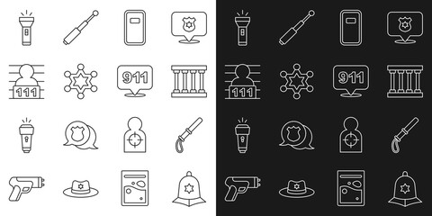 Set line British police helmet, Police rubber baton, Prison window, assault shield, Hexagram sheriff, Suspect criminal, Flashlight and Telephone call 911 icon. Vector