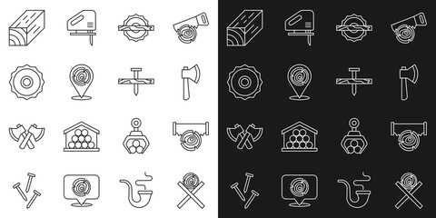 Set line Wooden logs on a stand, Two-handed saw, axe, Electric circular, Circular blade, beam and Metallic nail icon. Vector
