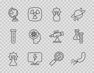 Set line Explosion in the flask, Bacteria, Lightning bolt, Earth globe, Atom, Microorganisms under magnifier and Test tube icon. Vector