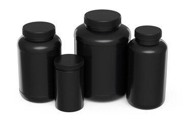 Set of black plastic jar for sport nutrition protein powder isolated on white