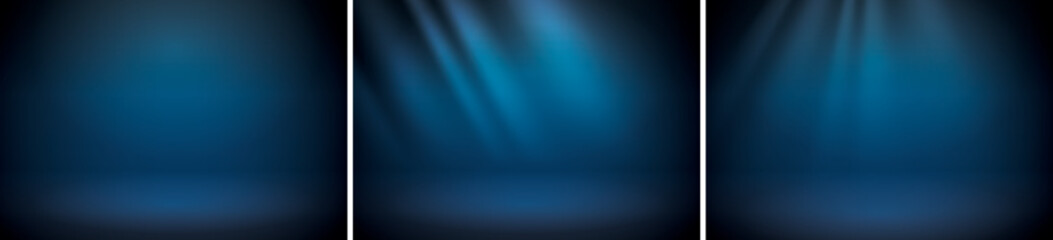 Blue studio scene background set. Neutral blue background with soft rays. Soft studio lighting. Photostudio soft box lighting.