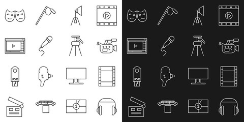 Set line Headphones, Play Video, Cinema camera, Movie spotlight, Microphone, Online play video, Comedy and tragedy masks and Tripod icon. Vector