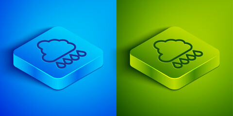 Isometric line Cloud with rain icon isolated on blue and green background. Rain cloud precipitation with rain drops. Square button. Vector