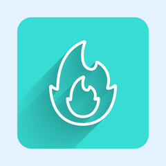White line Fire flame icon isolated with long shadow background. Green square button. Vector