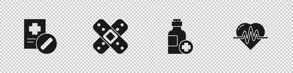 Set Medical prescription, Crossed bandage plaster, Bottle of medicine syrup and Heart rate icon. Vector