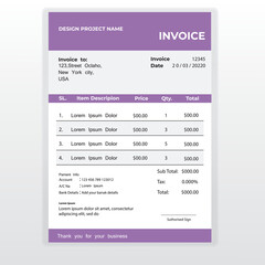 Business Minimal Corporate Invoice design template vector illustration bill form price . Creative template and stationery design payment agreement design template Cash Memo, Vector Quotation Design