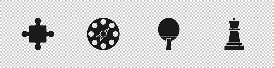 Set Puzzle pieces toy, Twister game, Racket and Chess icon. Vector
