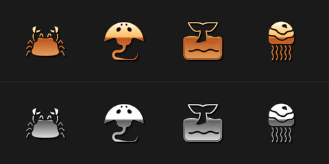 Set Crab, Stingray, Whale tail ocean wave and Jellyfish icon. Vector