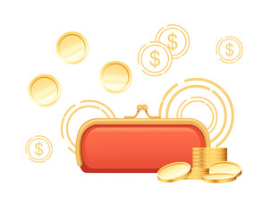 Red wallet with golden coins vector illustration on white background