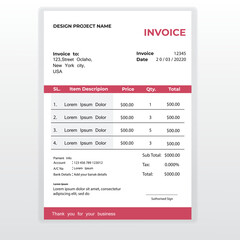 Business Minimal Corporate Invoice design template vector illustration bill form price . Creative template and stationery design payment agreement design template Cash Memo, Vector Quotation Design