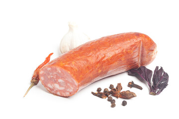 Krakow sausage with spices and garlic isolated on white background
