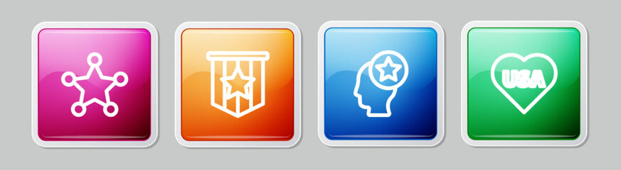 Set line Hexagram sheriff, American flag, USA Head and Independence day. Colorful square button. Vector