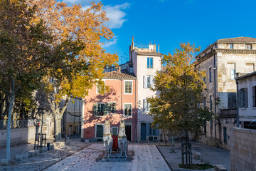 Fototapeta premium Nimes in France, old facades in the historic center, typical houses 